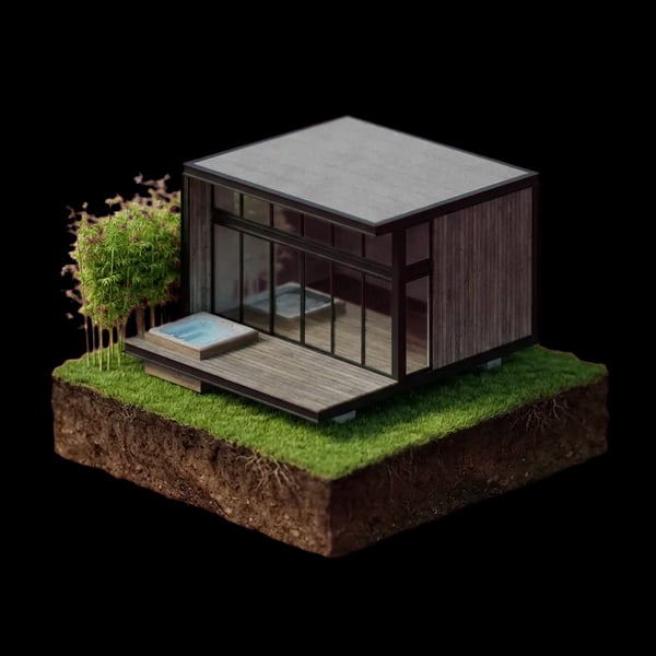 Architectural miniature of a small home on a parcel — the kind of plan set Pre-Check reviews